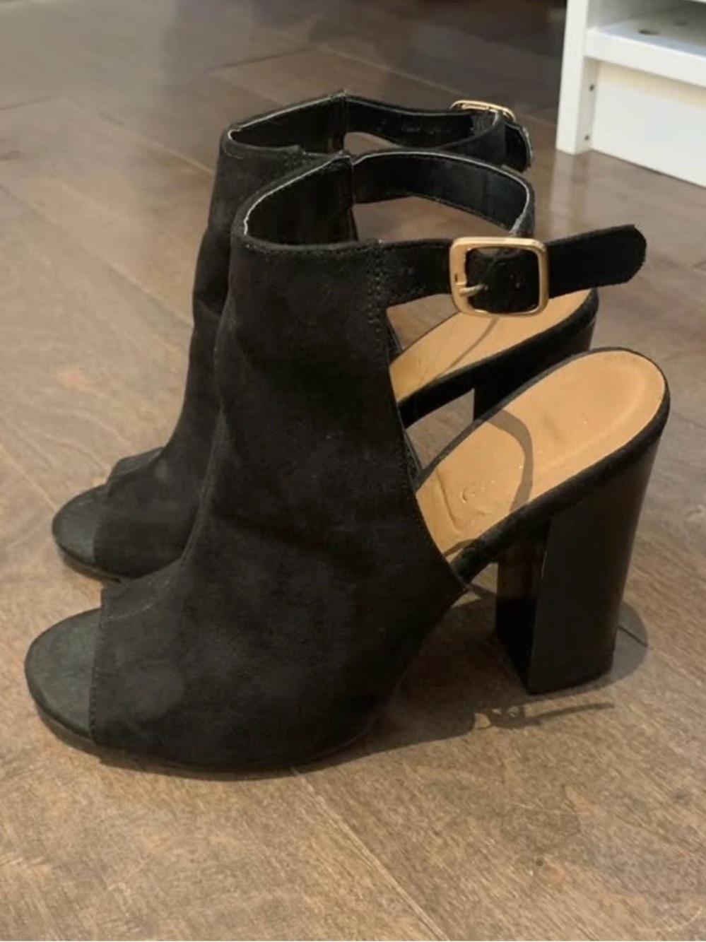 Black Suede Open-Toe Block Heel Sandals - Women - 8